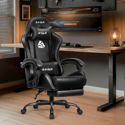 Racing Style Gaming Chair With Pull-Out Footrest And Lumbar Support, High Back Ergonomic Leather Desk Chair in game room