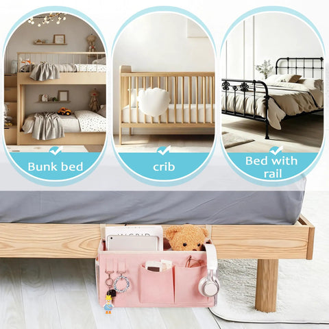 Bedside Caddy Organizer For Dorm Beds And Hospital Rails, pink canvas and iron storage bag with pockets on bed rail