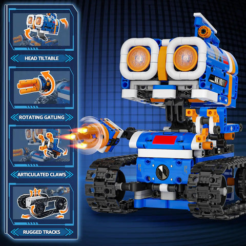 5 In 1 STEM Robot Building Kit With 560 Pieces for Ages 8 12 showing buildable robot with head tilt and rotating gatling features