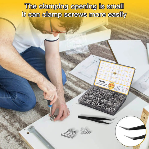 Man using All in One 710 Piece Stainless Steel Screw Nut Bolt Washer Kit with Black Case, screws visible