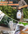1 Gallon Pressure Sprayer With Dual Nozzles For Garden And Home Use shown in various scenarios, including plant spraying and pet care.
