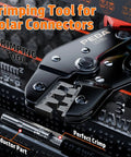 Close-up of crimping tool for solar connectors highlighting jaws and conductor part, part of All-In-One Solar Crimp Tool Kit With AWG 16-10 Crimper, IP68 Panel Connectors, 6 Pairs, Spanner Wrench, And Ratchet Crimp Tool For Quick, No-Fuss Solar Wiring Install.