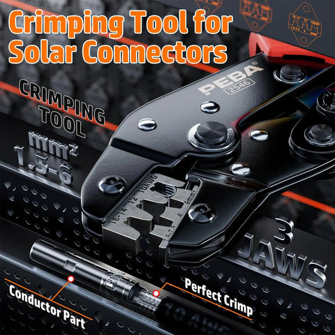 Close-up of crimping tool for solar connectors highlighting jaws and conductor part, part of All-In-One Solar Crimp Tool Kit With AWG 16-10 Crimper, IP68 Panel Connectors, 6 Pairs, Spanner Wrench, And Ratchet Crimp Tool For Quick, No-Fuss Solar Wiring Install.