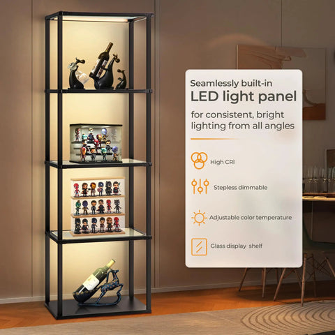 Display Shelf Floor Lamp With Dimmable LED Three Color Temperatures Glass Curio Cabinet Shelves Remote Control Sturdy Design