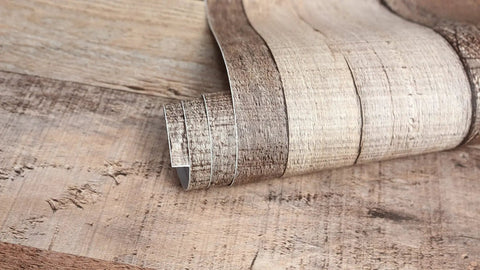 Cinnamon Wood Peel And Stick Wallpaper Self Adhesive Faux Wood Plank for Kitchen showing rolled edge, 17.3 in x 472 in roll size.