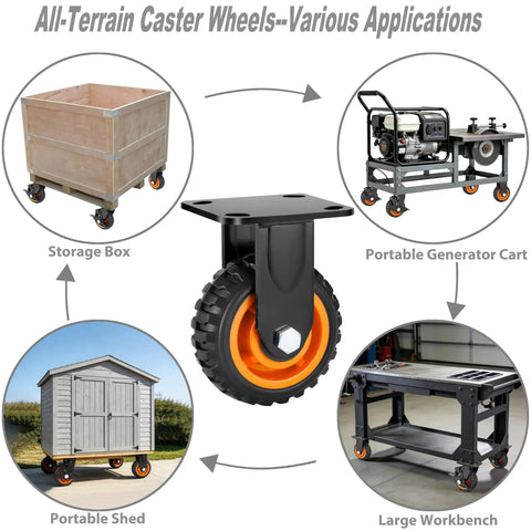 Hella Heavy Duty 5 Inch Caster Wheels Set of 4, Braked Swivel Casters for portable shed and storage box applications.