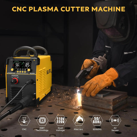 85 Amp CNC Plasma Cutter With Non HF Blowback Pilot Arc, Dual Voltage 110V And 220V, Air Sensor Tech in use cutting metal