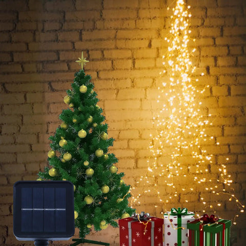 Solar Powered Fairy Lights Outdoor Waterproof 200 LEDs Copper Wire String Lights With 8 Modes Waterfall Style Firefly Vine Lights For Garden Trees Christmas Decor Dope Mom Gift displayed with Christmas tree and gifts