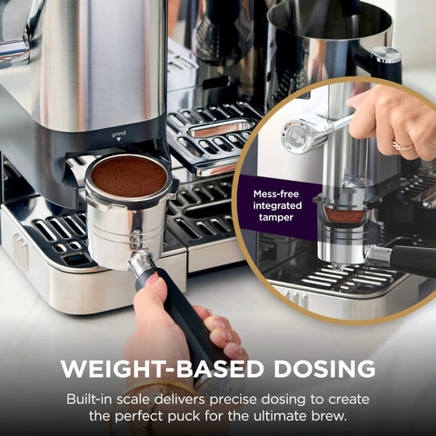 Close-up of Luxe Café Pro Series 4 In 1 Espresso Machine With Built In Grinder And Integrated Tamper in use, showing weight-based dosing.