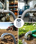 Collage showing One And A Half Inch Hose Barb Splice Coupler Kit Aluminum Repair Fittings on industrial and outdoor hoses