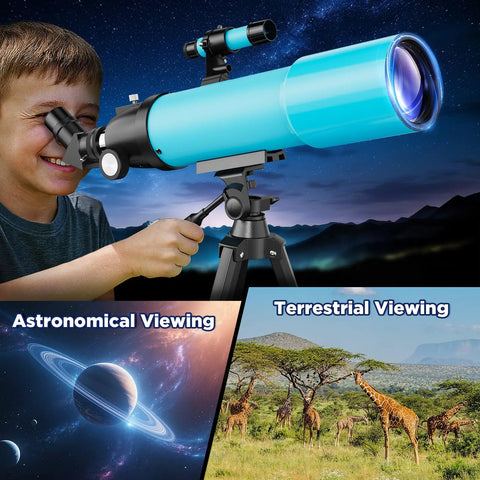 Boy using 90mm Refractor Telescope For Beginners And Kids With 150X Magnification 500mm Focal Length Fully Multi Coated Optics
