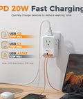 Ultra Compact USB C Charger Block 20W PD Fast Charge Adapter plugged into wall charging multiple devices