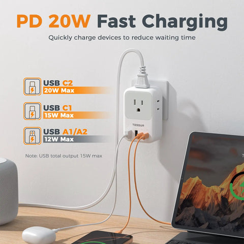 Ultra Compact USB C Charger Block 20W PD Fast Charge Adapter plugged into wall charging multiple devices
