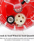 Close-up of Hand Push Garden Seeder Workhorse Walk Behind Planter's seed wheel mechanism and brush for precise sowing.