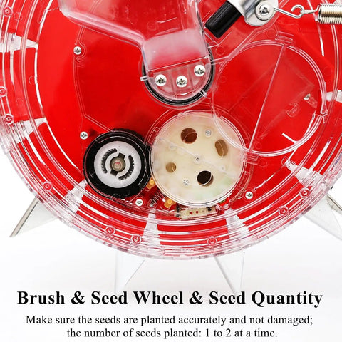 Close-up of Hand Push Garden Seeder Workhorse Walk Behind Planter's seed wheel mechanism and brush for precise sowing.