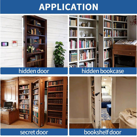 Heavy Duty Hidden Door Book Latch Featuring Slick Concealed Bookshelf Catch For Seamless Safe Room Upgrade And Smooth Operator DIY Stealth Lock Set applied in hidden door, secret door, and bookshelf door settings.
