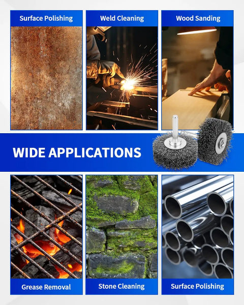 Two Pack 2 Inch Wire Wheel Brush For Drill Heavy Duty Carbon Steel Wire Brush For Rust Paint And Corrosion Removal 0.012 Inch Coarse Crimped Stainless Steel Wire One Quarter Inch Shank 20000 RPM with applications including surface polishing, weld cleaning, wood sanding, grease removal, stone cleaning.