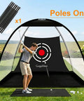 Replacement Poles for 10x7x6ft Golf Netting, heavy duty fiberglass rods displayed near hitting practice setup