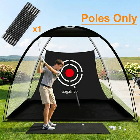 Replacement Poles for 10x7x6ft Golf Netting, heavy duty fiberglass rods displayed near hitting practice setup