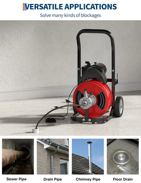 Image of Heavy Duty 370W Drain Auger Featuring 100 Ft Bend Resistant Steel Core Cable with Foot Switch for clearing blockages.