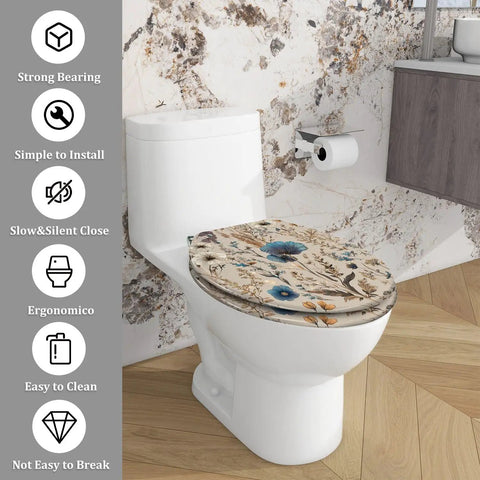 Decorative Elongated Toilet Seat for Bathroom with floral design on a white toilet, easy to install and clean.