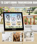 Pro Grade WiFi Weather Station with Indoor Outdoor Temperature and Humidity Monitor, 10 Inch Digital Color Display on table.