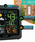 Wireless Color Forecast Station With Indoor And Outdoor Temperature Humidity And Colorized Forecast Icons Audio Alerts Max Min History With Time And Date Heat Index And Dew Point View Easy Read Display For Your Home Weather Setup showing temperature and humidity readings.