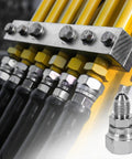 Heavy Duty Hydraulic Fitting Built To Last One Quarter Inch Male JIC To Three Eighth Inch Female JIC Swivel Carbon Steel SAE Compliant With Seven Sixteen Inch Twenty Thread And Nine Sixteen Inch Eighteen Female Threads, installed on hydraulic manifold