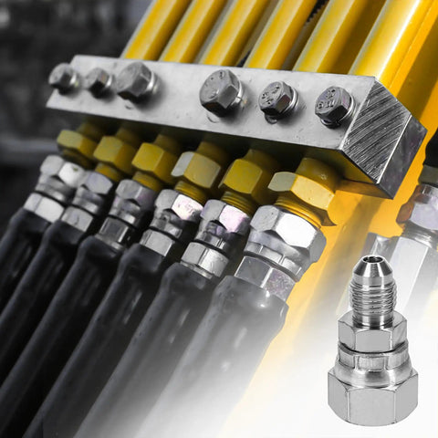 Heavy Duty Hydraulic Fitting Built To Last One Quarter Inch Male JIC To Three Eighth Inch Female JIC Swivel Carbon Steel SAE Compliant With Seven Sixteen Inch Twenty Thread And Nine Sixteen Inch Eighteen Female Threads, installed on hydraulic manifold