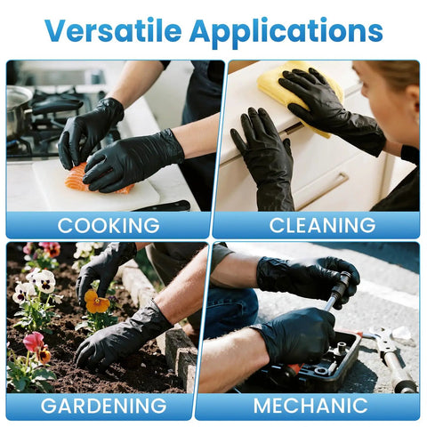 Solid Black Nitrile Gloves Large 100 Pack Heavy Duty Disposable Latex Free Powder Free Medical Exam And Food Safe Gear used for cooking, cleaning, gardening, and mechanic tasks.