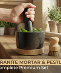 Mortar And Pestle Set Heavy Duty Granite Stone Grinder With Stable Bamboo Base Extra Long Pestle And Cleaning Brush Perfect For Guacamole Bowl Herb Grinding And Molcajete Bowl One Point Five Cup
