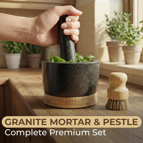 Mortar And Pestle Set Heavy Duty Granite Stone Grinder With Stable Bamboo Base Extra Long Pestle And Cleaning Brush Perfect For Guacamole Bowl Herb Grinding And Molcajete Bowl One Point Five Cup