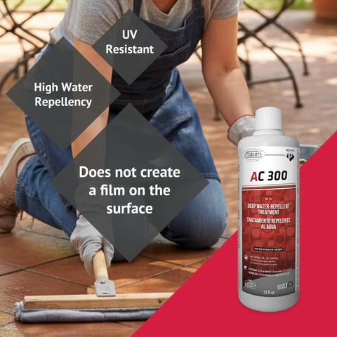 Top Shelf Breathable Stone Sealer With Heavy Duty Deep Penetrating Formula For Brick Terracotta And Tile Grout Pre Install Moisture Barrier Backer Board Protection No Sweat Waterproofing 1 Liter bottle shown being applied on tile floor.