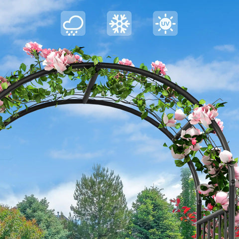 Garden Arbor With Planter Boxes 76 Inch Wide By 86 Inch High Black Metal Archway For Climbing Plants Outdoor Lawn Patio And Backyard Wedding Ceremony Entrance showing floral arch.