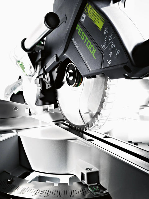 Close-up of KAPEX KS 120 REB Sliding Compound Miter Saw With Rail Forward Design showing blade and precision rail system