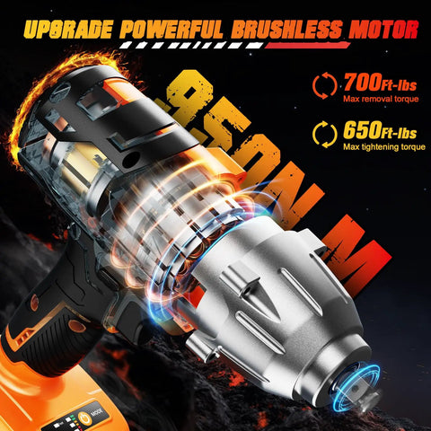 Magsen Cordless Impact Wrench With 700 Ft-Lbs High Torque Brushless Motor showing the powerful motor detail and torque specifications.