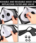 Reusable Dust Mask Respirator With Activated Carbon Filters For Woodworking showing filter replacement and ear loops.