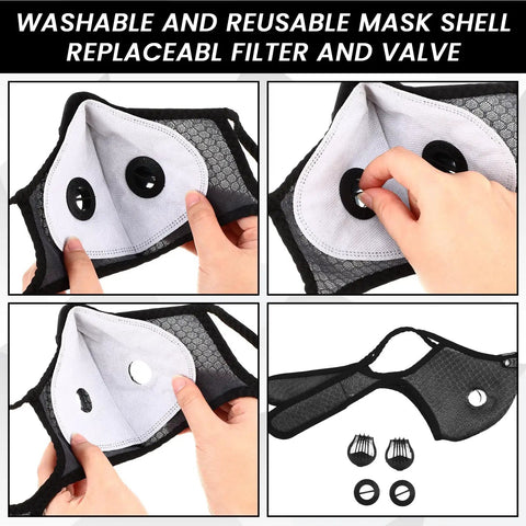 Reusable Dust Mask Respirator With Activated Carbon Filters For Woodworking showing filter replacement and ear loops.