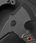 Close-up of Beast Of A Camping Axe For Bushcraft And Survival With DC53 Steel Blade And Micarta Handle, edge view.