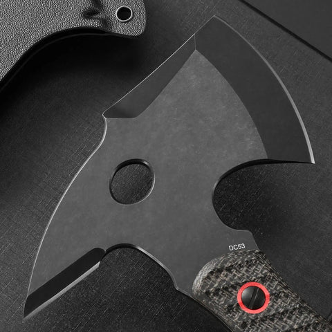 Close-up of Beast Of A Camping Axe For Bushcraft And Survival With DC53 Steel Blade And Micarta Handle, edge view.