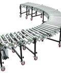 Workhorse 24 Inch Powered Flexible Roller Conveyor Built Rock Solid For Friction Free Package Transport And Lightning Fast Warehouse Loading Zones With Quick Length Tweaks in curved position with rollers.