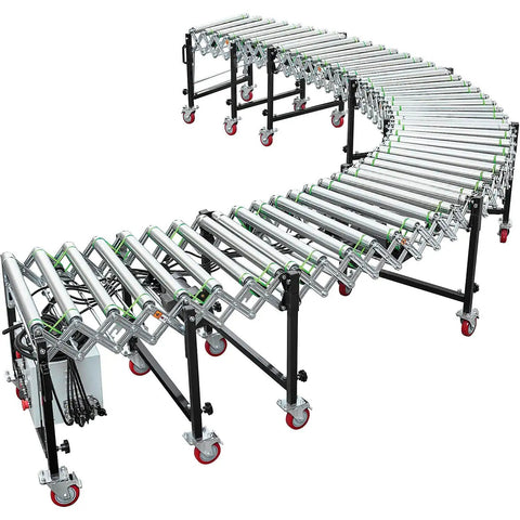 Workhorse 24 Inch Powered Flexible Roller Conveyor Built Rock Solid For Friction Free Package Transport And Lightning Fast Warehouse Loading Zones With Quick Length Tweaks in curved position with rollers.