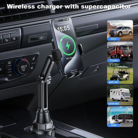 Hassle Free Wireless Car Charger With Intelligent Auto Grip Mount And Cup Slot Tray in vehicle cup holder with smartphone charging.