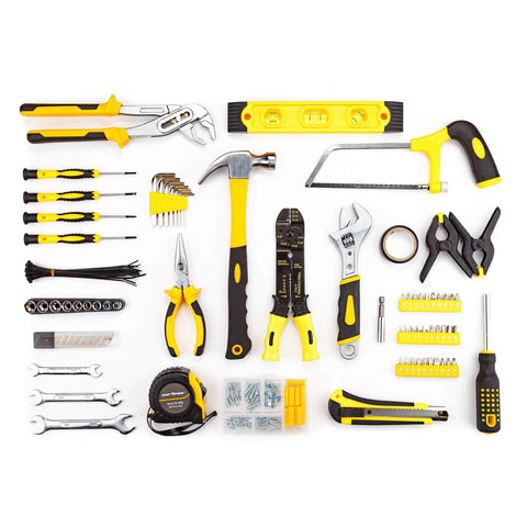 218 Piece Home Tool Kit With Plastic Toolbox Storage Case Yellow For Everyday DIY Repairs All In One General Household Hand Tools Set