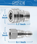Stainless Steel Pressure Washer Swivel Adapter 360 Degree Quick Connect From M22 14mm To Three Eighth Inch For High Pressure Hoses Up To 5000 PSI Anti Tangle Design Heavy Duty Quick Disconnect Pack Of Four showing sizes of 1.1 and 1.7 inches.
