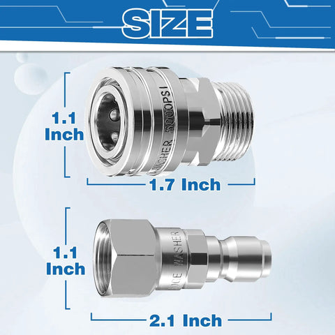 Stainless Steel Pressure Washer Swivel Adapter 360 Degree Quick Connect From M22 14mm To Three Eighth Inch For High Pressure Hoses Up To 5000 PSI Anti Tangle Design Heavy Duty Quick Disconnect Pack Of Four showing sizes of 1.1 and 1.7 inches.