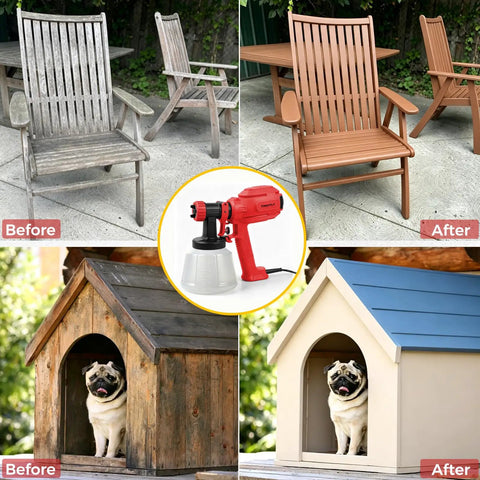 Image showing transformations using Badass Power 700W Electric Airless Paint Sprayer With Four Quick Swap Tips For Slick Even Coats And A No Sweat Finish On All Your Favorite Home Projects Red.
