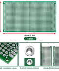 10 Pack Double Sided FR4 PCB Boards 9x15 Cm Solderable Prototyping Boards, thickness 0.06in, plated through holes, double sided detail.