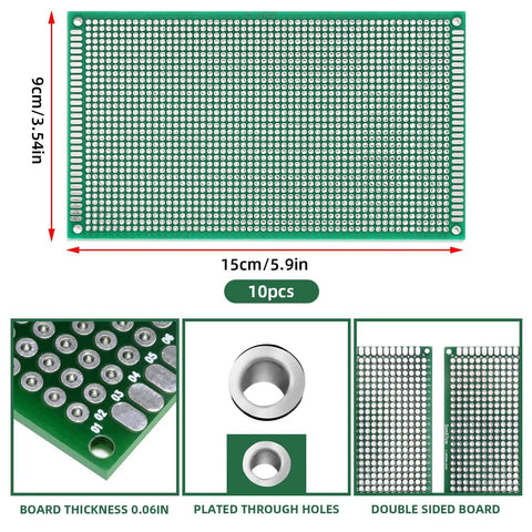 10 Pack Double Sided FR4 PCB Boards 9x15 Cm Solderable Prototyping Boards, thickness 0.06in, plated through holes, double sided detail.