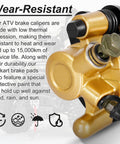Close-up of rear brake caliper go kart brake kit with beefy performance brake pads for 50cc to 250cc ATVs, durable alloy